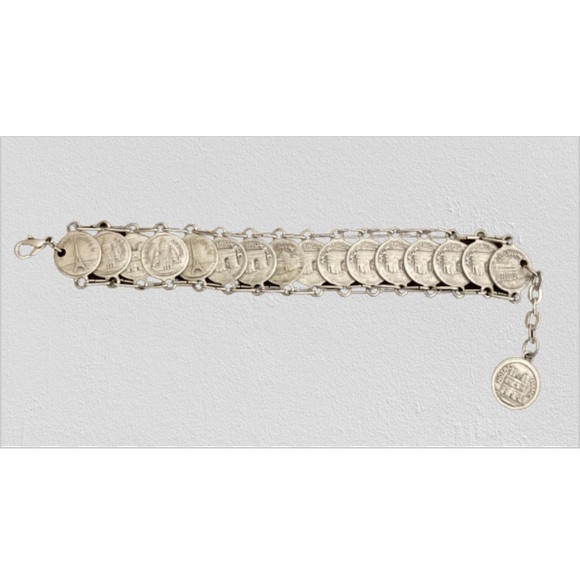 Vintage Paris Louvre Eiffel Tower Notre Dame Silver Tone Coin Bracelet